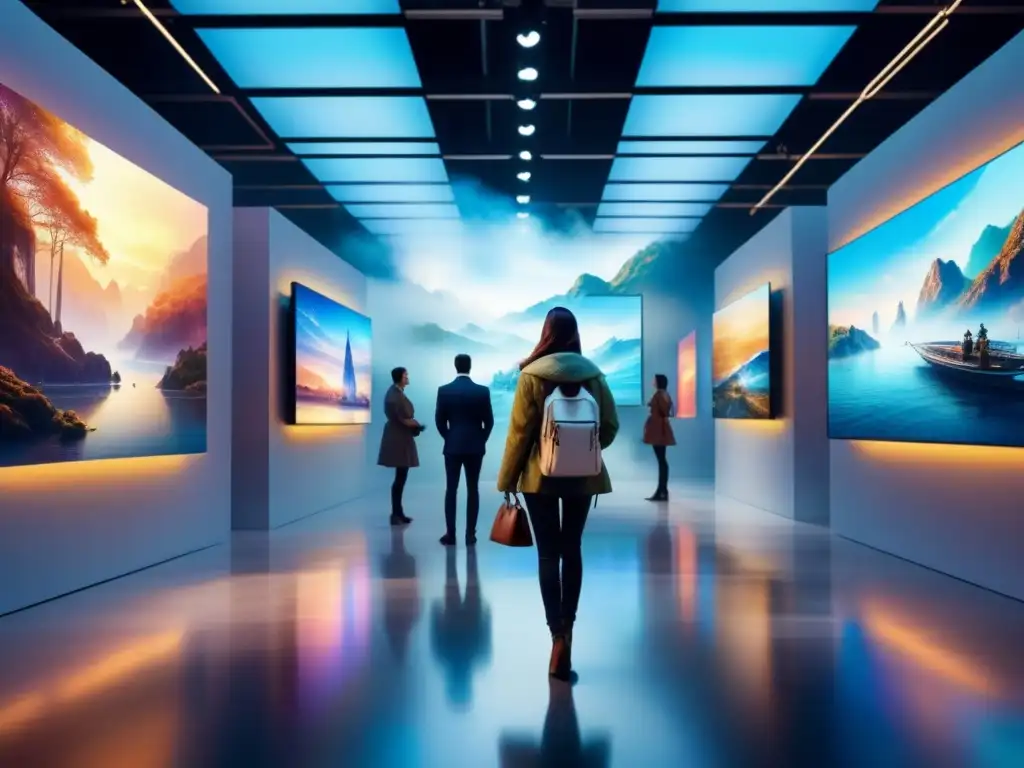 Curaduría en exposiciones de arte virtual: Sala llena de arte vibrante y diverso flotando en un espacio digital futurista