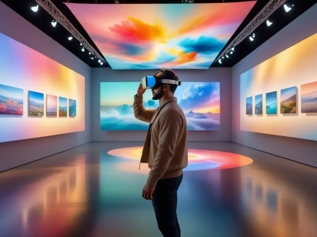 Explora la curaduría en exposiciones de arte virtual con obras digitales vibrantes en un espacio iluminado y etéreo