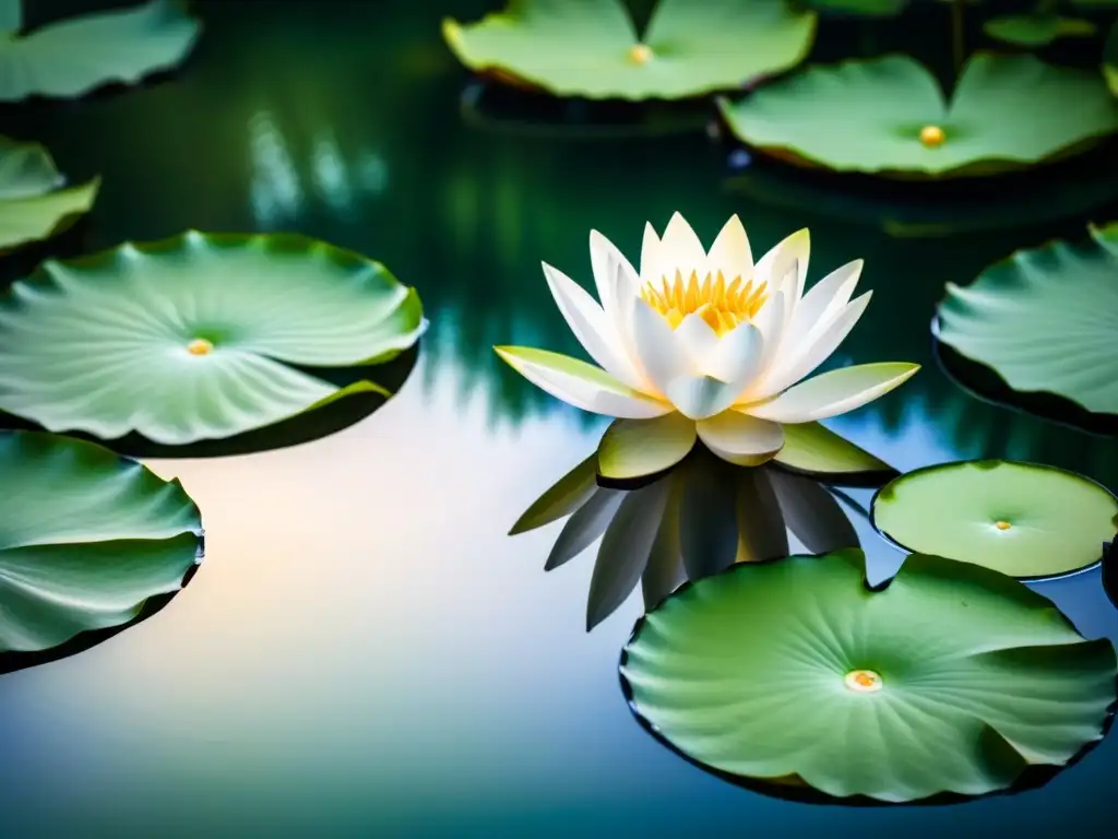 Delicada flor de loto blanca flotando en un estanque tranquilo, rodeada de lirios verdes