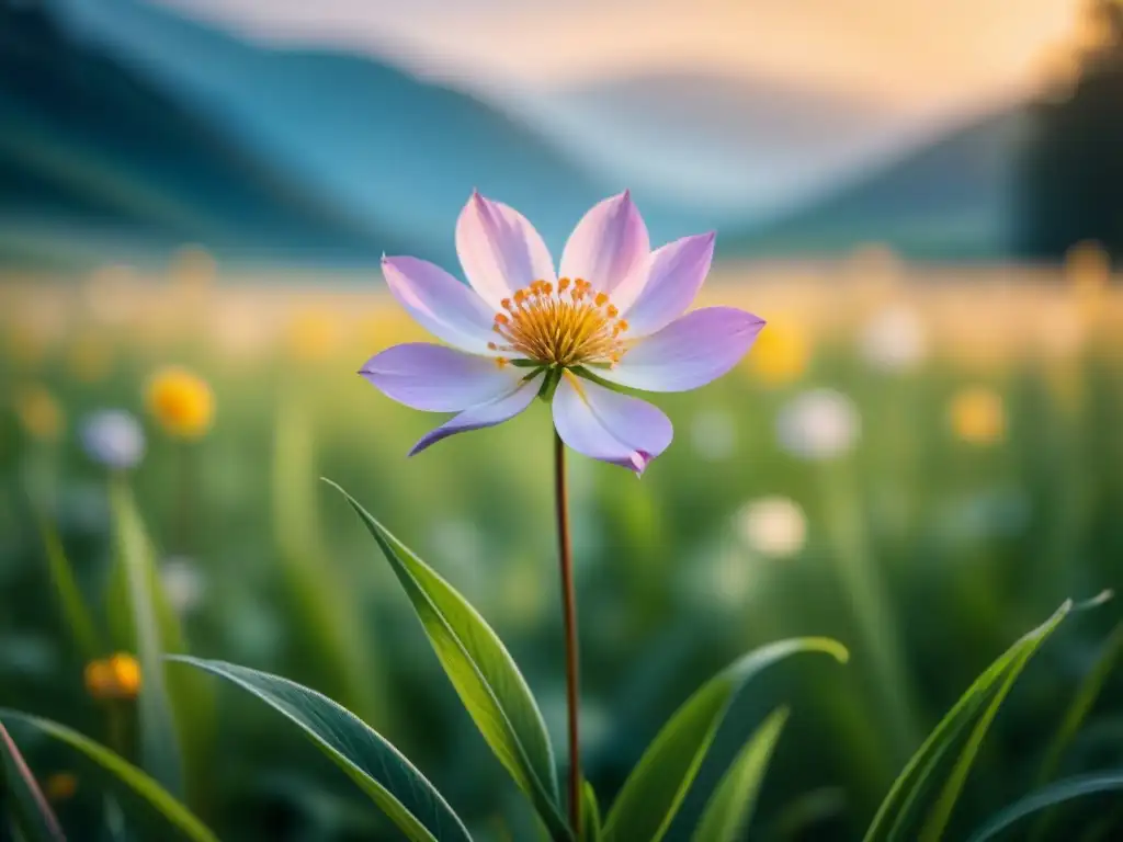 Una delicada flor solitaria florece en un campo vasto y vacío, con tonos suaves y pasteles que evocan calma y simplicidad, destacando en su sencillez