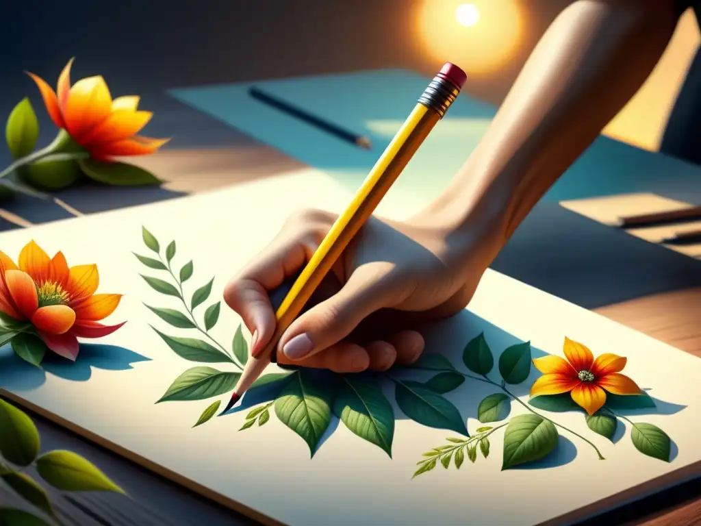 Un delicado dibujo a acuarela de una mano sosteniendo un lápiz, trazando líneas que se transforman en flores y vides, simbolizando el crecimiento de un estilo de dibujo único