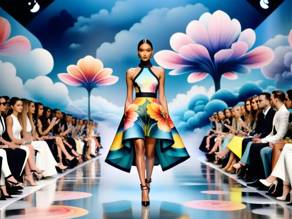 Pasarela surrealista: moda avant-garde en paisaje onírico Un desfile de moda surrealista contemporáneo en un paisaje de ensueño con nubes flotantes y flores gigantes