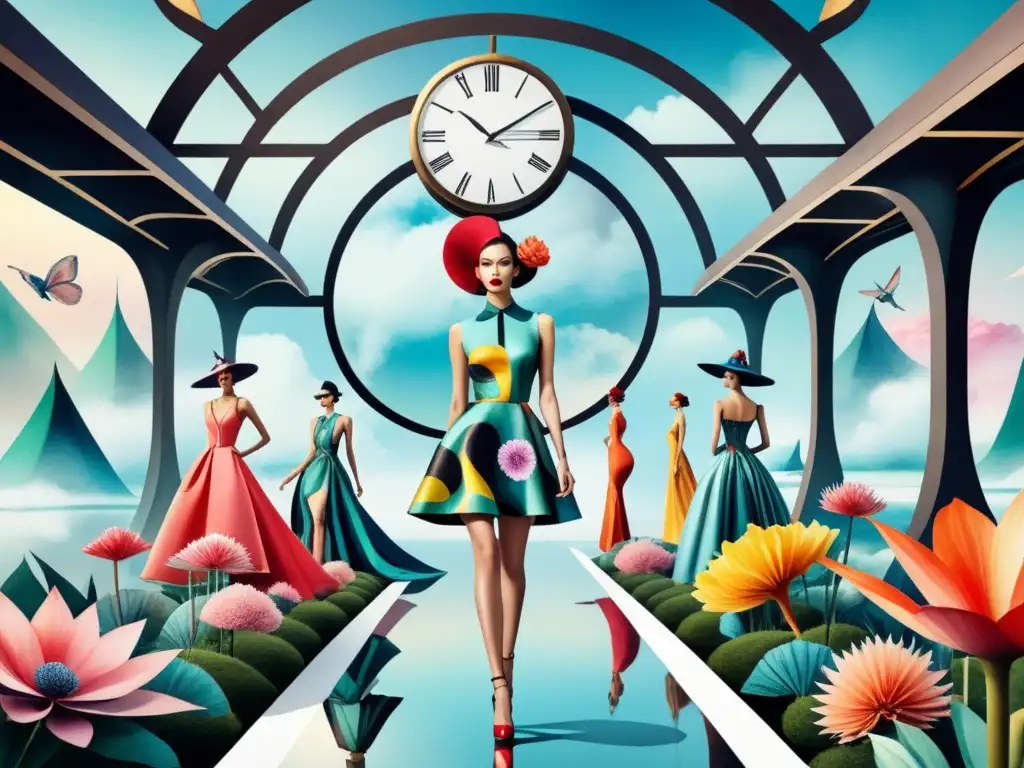 Pasarela surrealista: moda avantgarde en un mundo onírico Un desfile surrealista de moda contemporánea: modelos en prendas vanguardistas caminan en una pasarela flotante rodeada de elementos oníricos