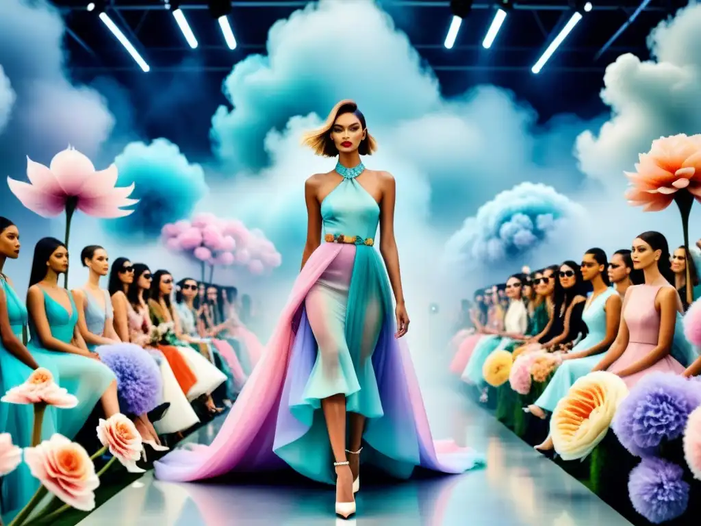 Desfile surrealista de moda en acuarela Desfile surrealista en una pasarela de ensueño con diseños de moda surrealista contemporáneo