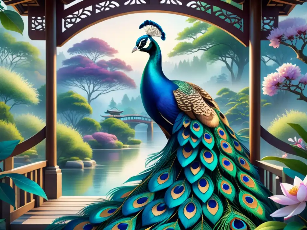 Deslumbrante pintura de acuarela con influencias orientales en el Modernismo: un vibrante pavo real rodeado de exótica flora en un jardín sereno