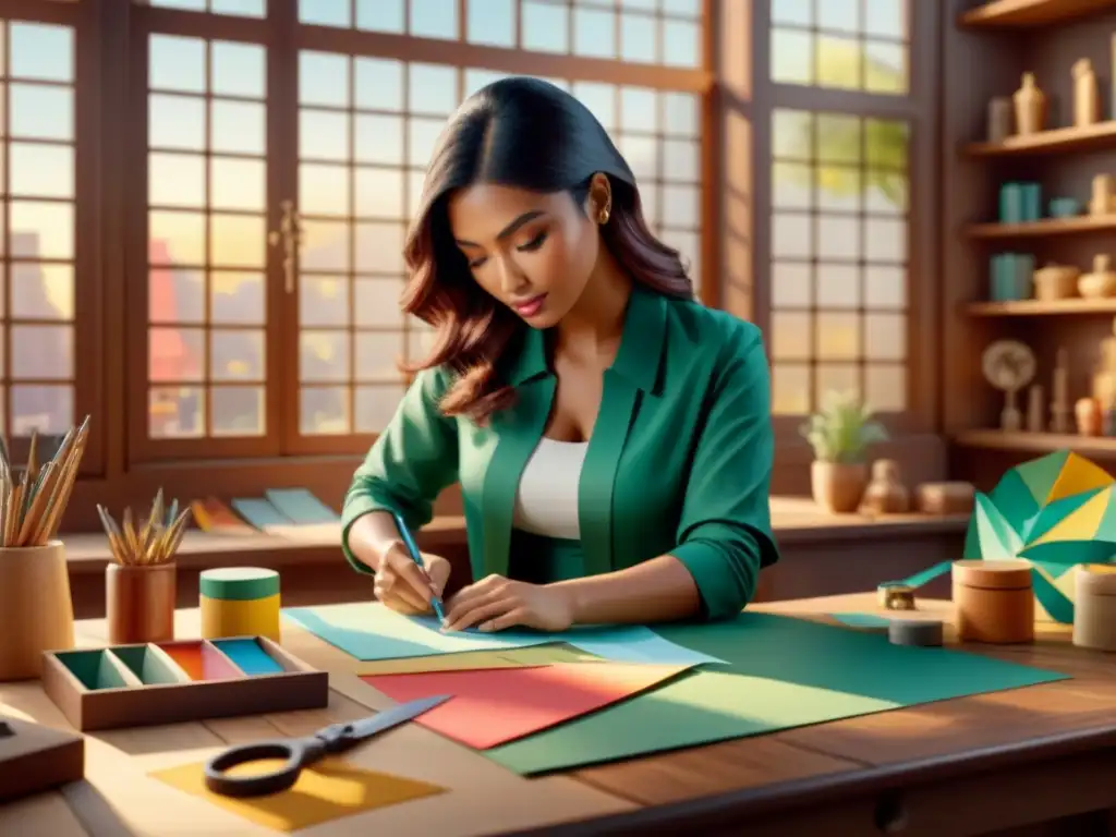 Animador experto crea arte con recortes de papel Ilustración detallada en acuarela de un animador experto recortando formas de papel colorido con precisión