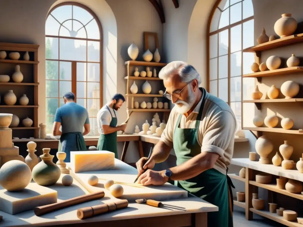 Detallada acuarela de artistas italianos creando esculturas en mármol, en un estudio renacentista soleado