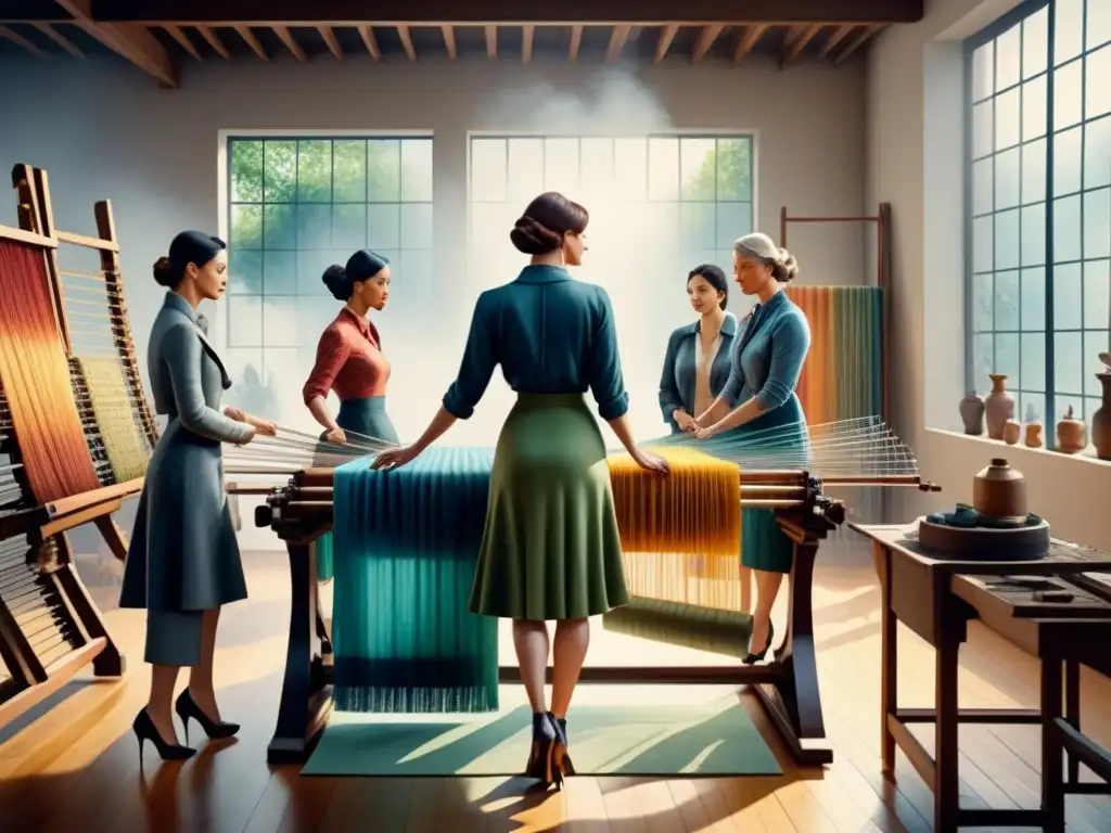 Una detallada acuarela de artistas textiles modernistas trabajando en un telar, rodeados de patrones textiles