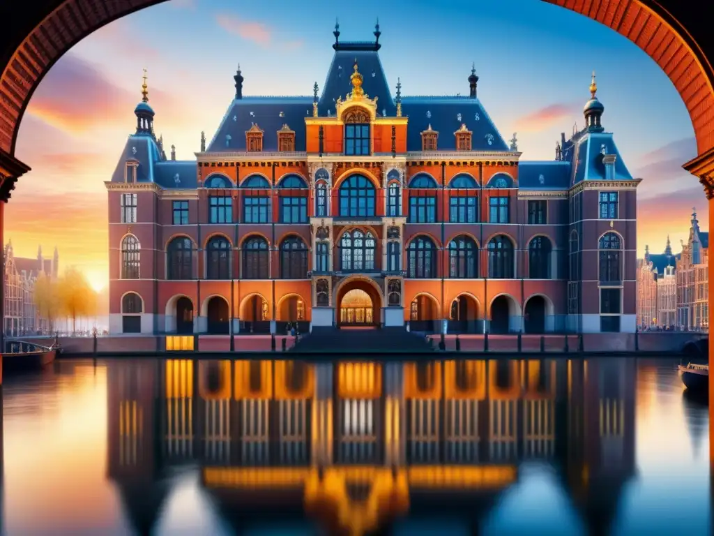 Detallada acuarela del Rijksmuseum en Ámsterdam al atardecer, capturando la esencia de la arquitectura del Siglo de Oro holandés