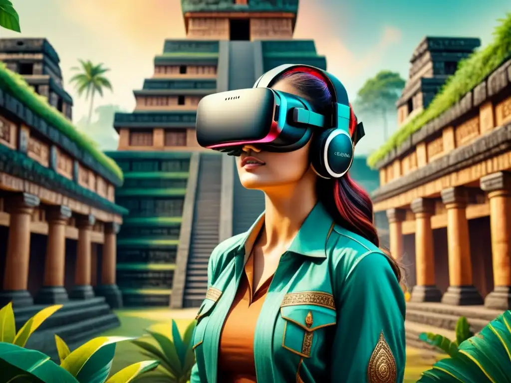 Ilustración detallada en acuarela: auriculares de realidad virtual se fusionan con un templo maya, preservando arte ancestral y tecnología