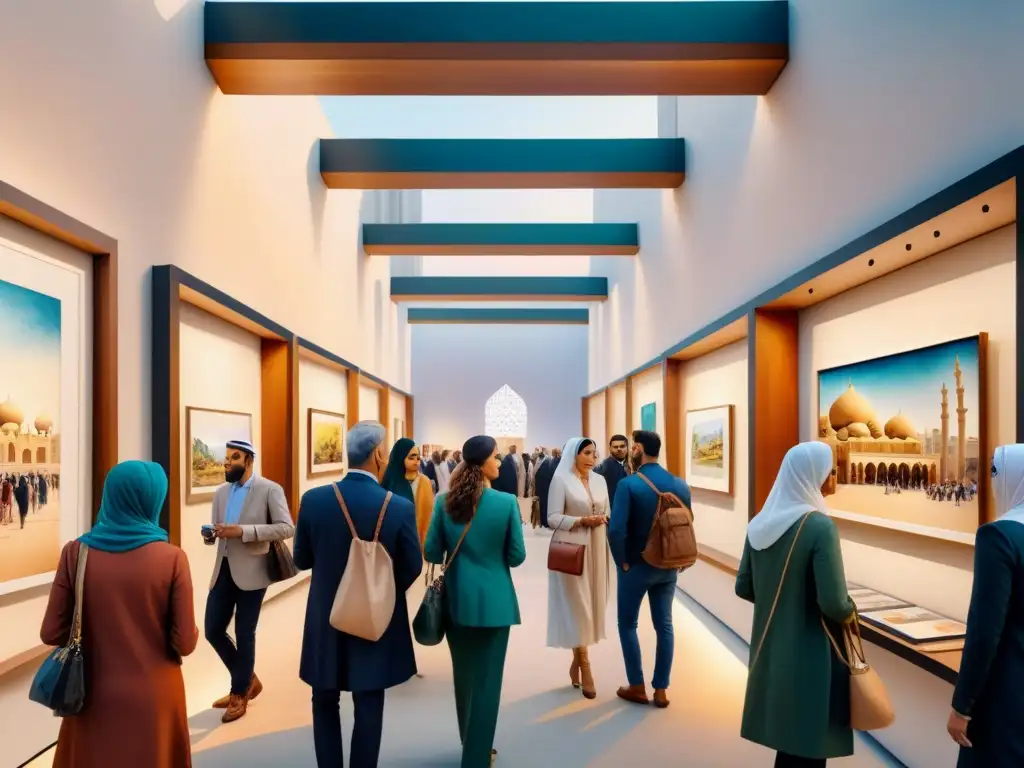 Vibrante galería de arte en Medio Oriente: una obra acuarela detallada Una detallada acuarela de una bulliciosa galería de arte en Medio Oriente, con artistas y visitantes de todo el mundo admirando obras contemporáneas