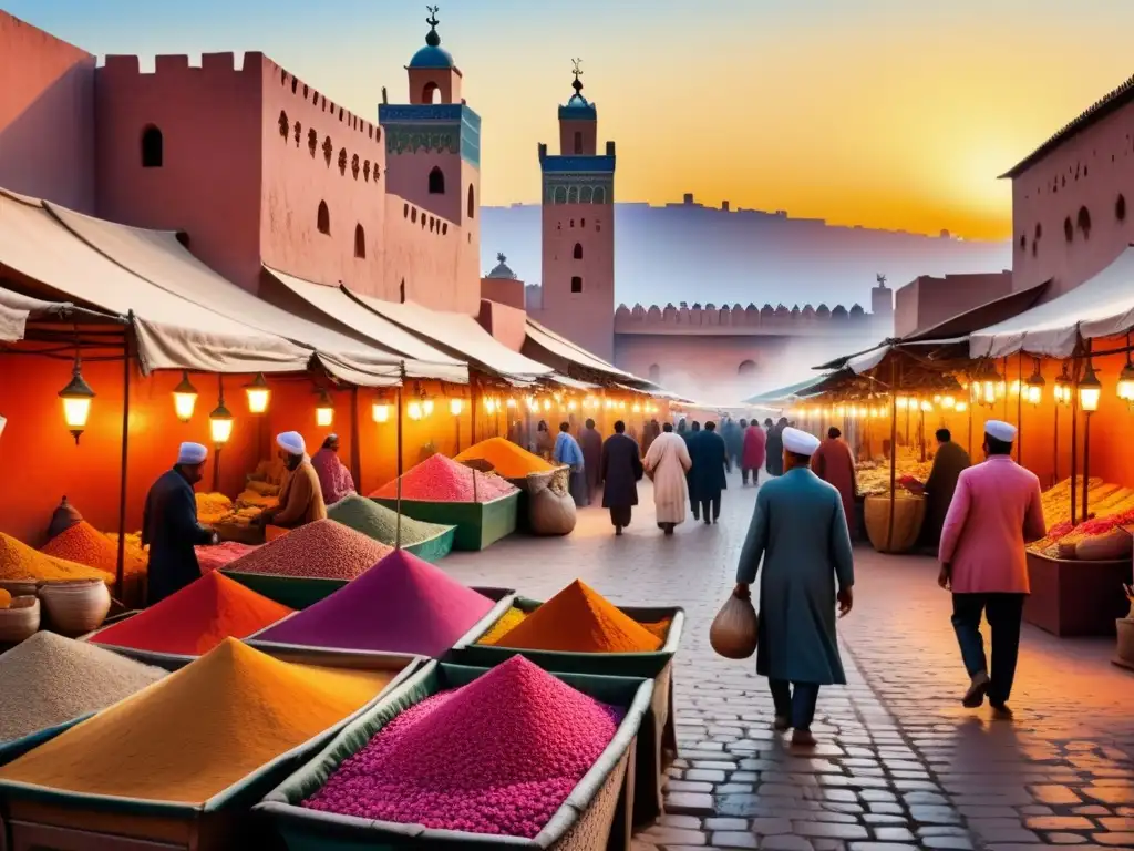 Una detallada acuarela de un bullicioso mercado en Marrakech, Marruecos, con coloridas especias y alfombras