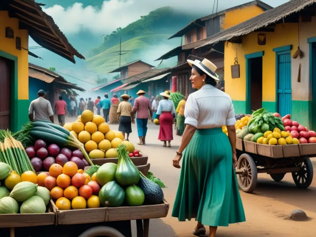 Una detallada acuarela de un bullicioso mercado colombiano, con colores vibrantes y lugareños en sus actividades diarias