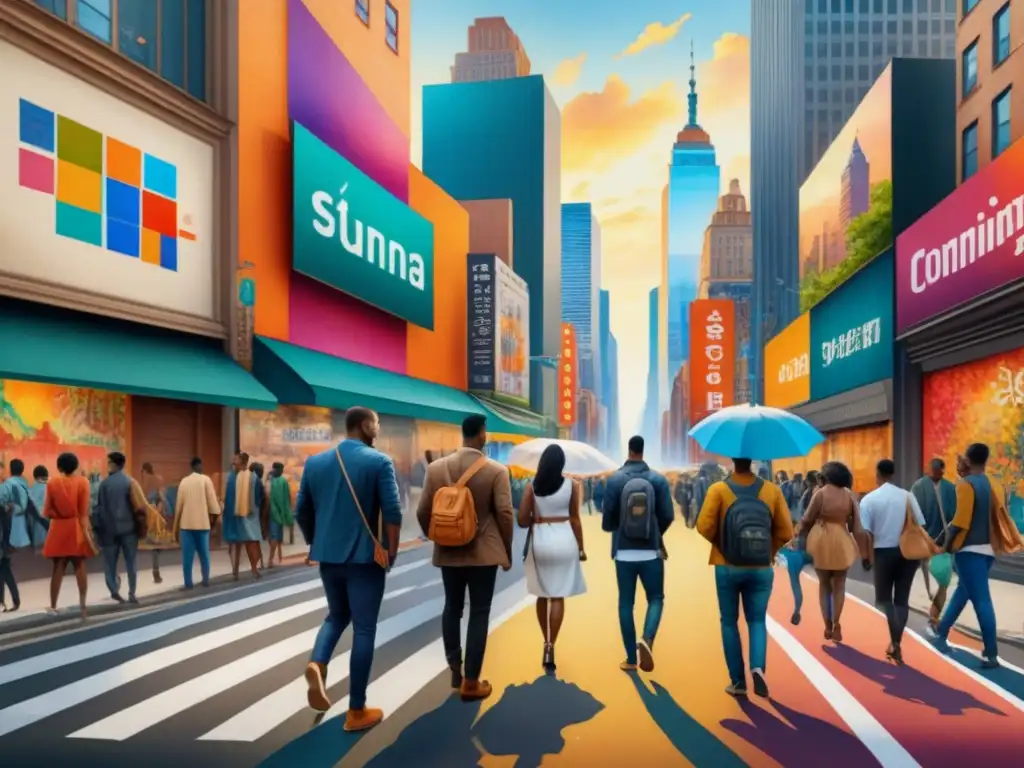 Una detallada acuarela representa una calle urbana llena de diversidad y actividades, reflejando el arte contemporáneo en la sociedad norteamericana