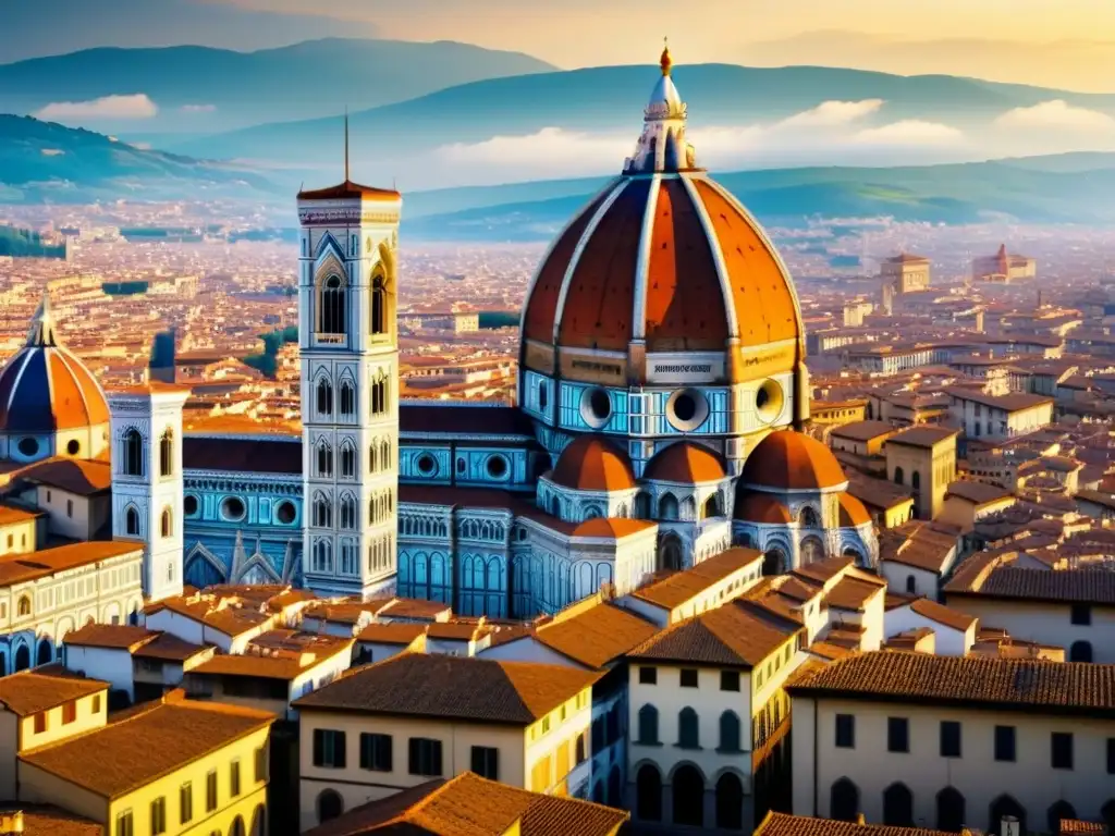 Detallada acuarela de la Catedral de Florencia resaltando la Cúpula de Brunelleschi