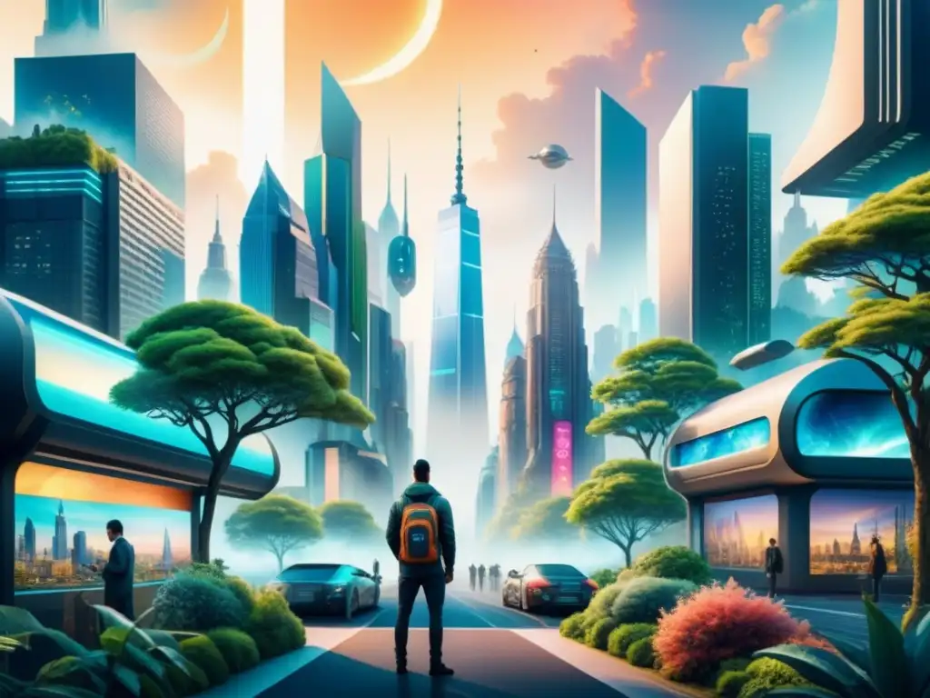 Ilustración detallada en acuarela de una ciudad futurista fusionada con la naturaleza, proyectando Realidad Aumentada en árboles, edificios y personas