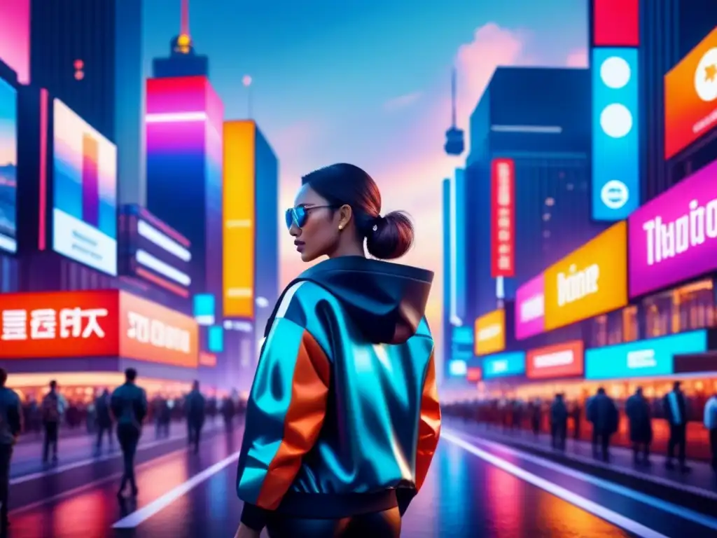 Cityscape futurista en acuarela: luces y tecnología Ilustración detallada en acuarela de una ciudad vibrante al anochecer con gráficos en movimiento para marketing digital