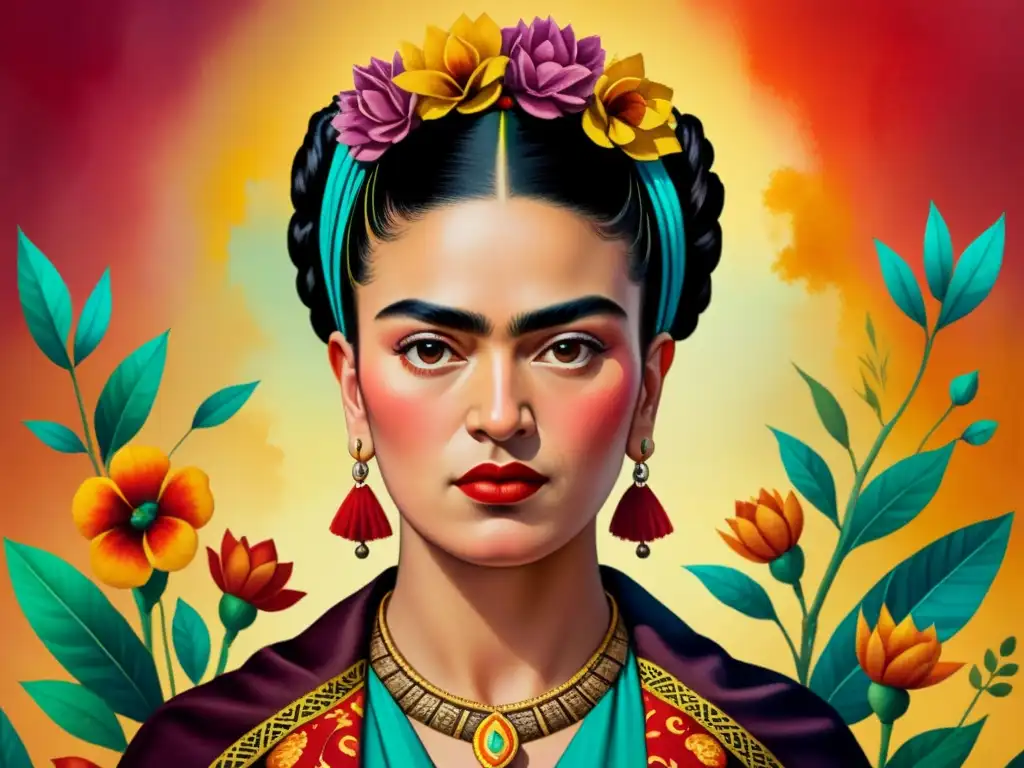 Ilustración detallada en acuarela de Frida Kahlo con colores vibrantes que representan sus emociones