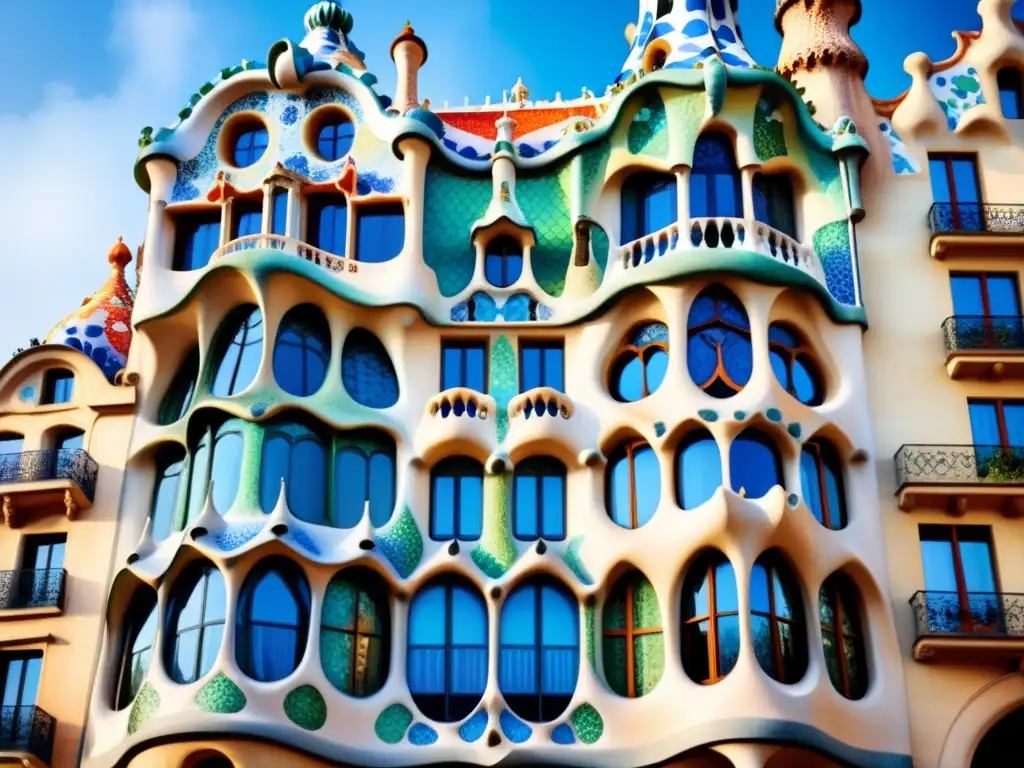 Detallada acuarela de la icónica Casa Batlló de Gaudí en Barcelona, con curvas vibrantes y elementos oníricos