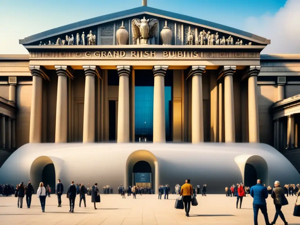 Una detallada acuarela del British Museum en un día soleado, resaltando la arquitectura e historia del arte visual con turistas