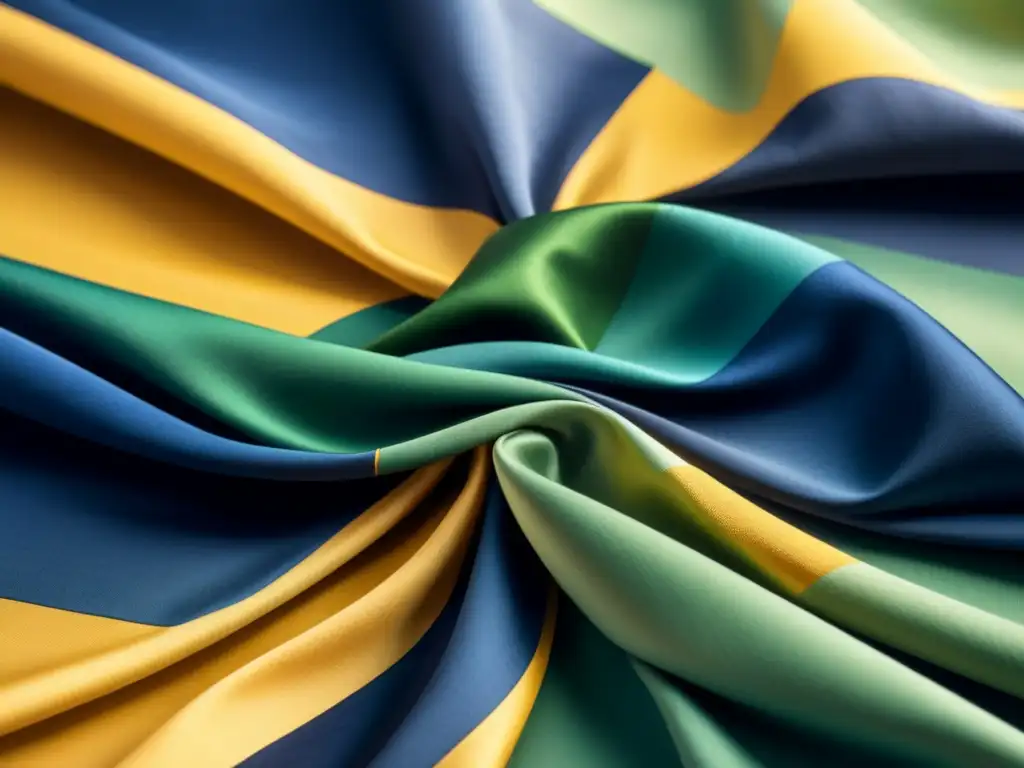 Ilustración detallada en acuarela de un diseño textil modernista con patrones geométricos en azules, verdes y dorados