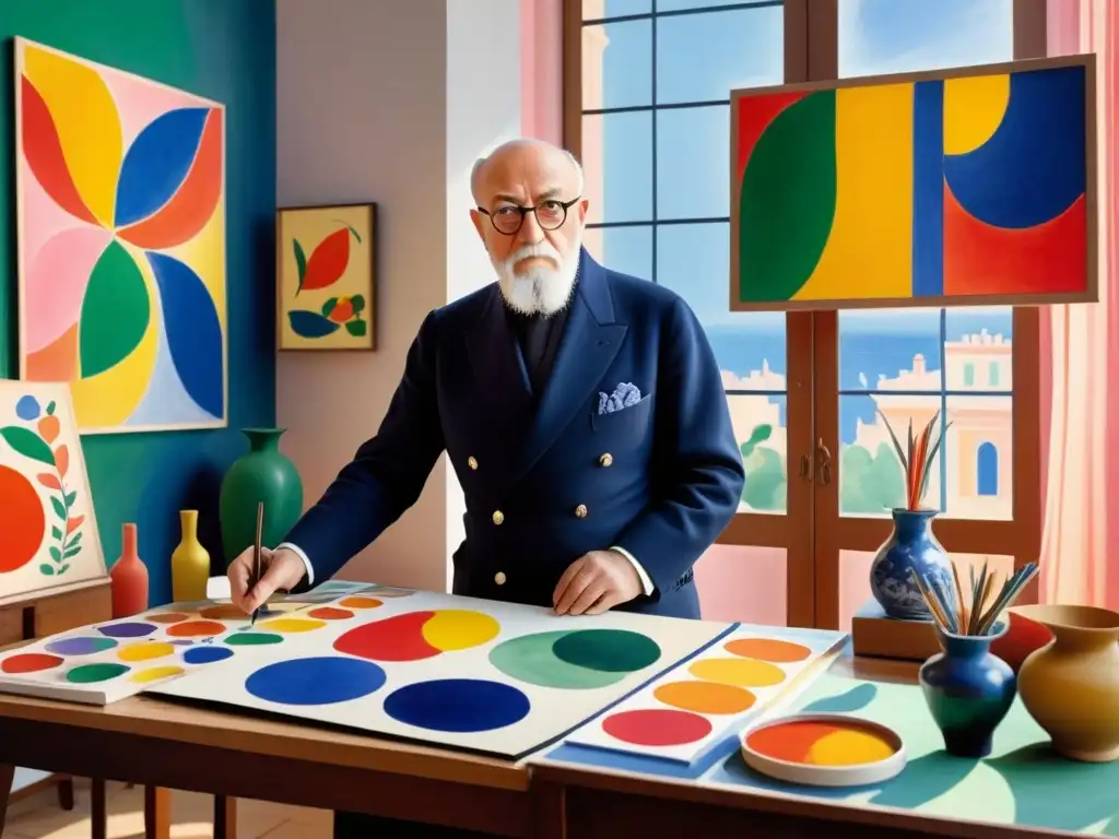 Detallada acuarela de Henri Matisse en su estudio, rodeado de colores vibrantes, con luz solar iluminando la habitación