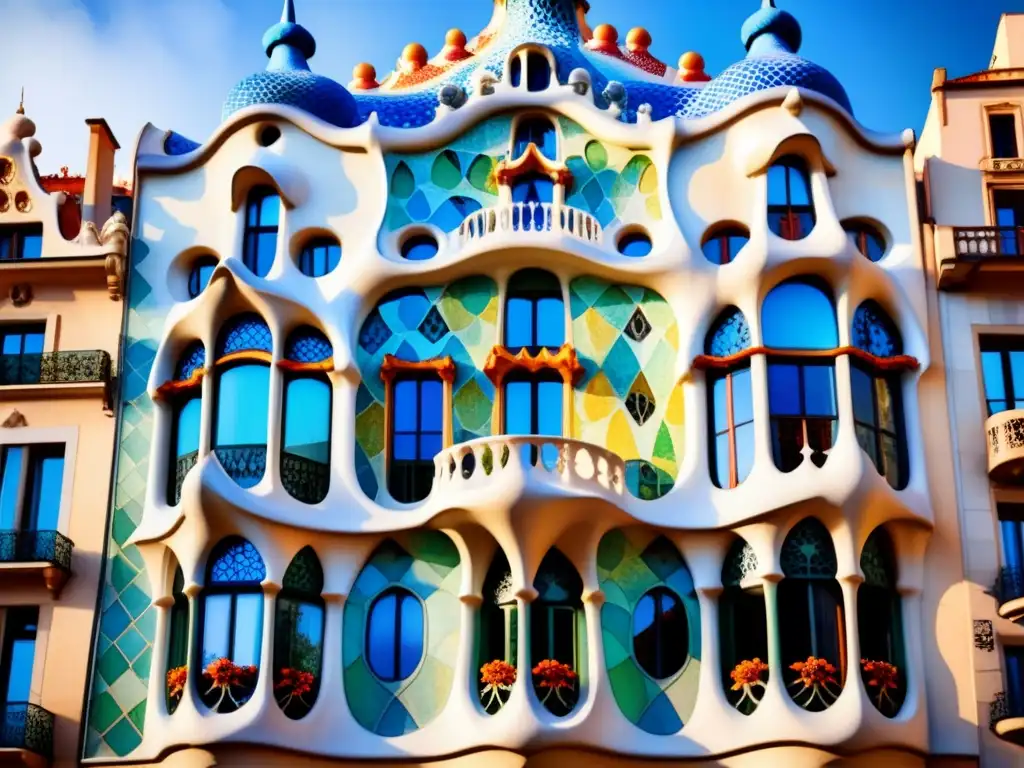 Detallada acuarela de la fachada de Casa Batlló, una obra maestra de la arquitectura modernista de Gaudí en Barcelona