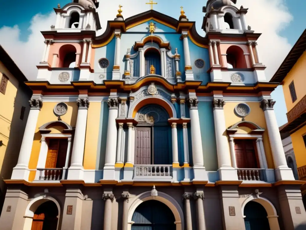 Una detallada acuarela de la fachada de la Iglesia de San Francisco en Quito, Ecuador, mostrando la influencia del Barroco en Latinoamérica