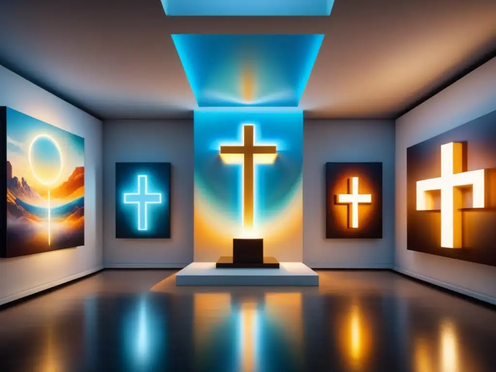 Una detallada acuarela que representa una galería de arte postmoderno, llena de símbolos religiosos abstractos