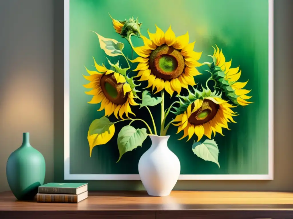 Una detallada acuarela de girasoles de Vincent van Gogh, resaltando la importancia del color en el Postimpresionismo