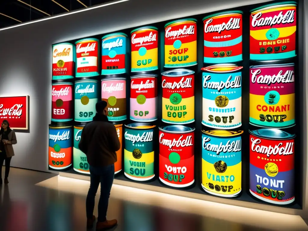 Una detallada acuarela de las icónicas latas de sopa Campbell de Andy Warhol en una galería de arte moderno