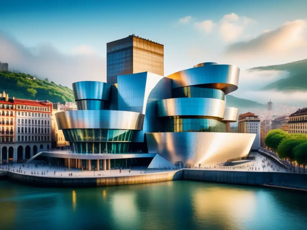 Detallada acuarela del icónico Museo Guggenheim en Bilbao, España, reflejando su diseño arquitectónico único