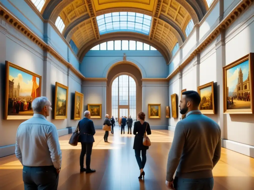 Una detallada acuarela de una majestuosa sala de museo con obras icónicas de Da Vinci, Van Gogh y Picasso