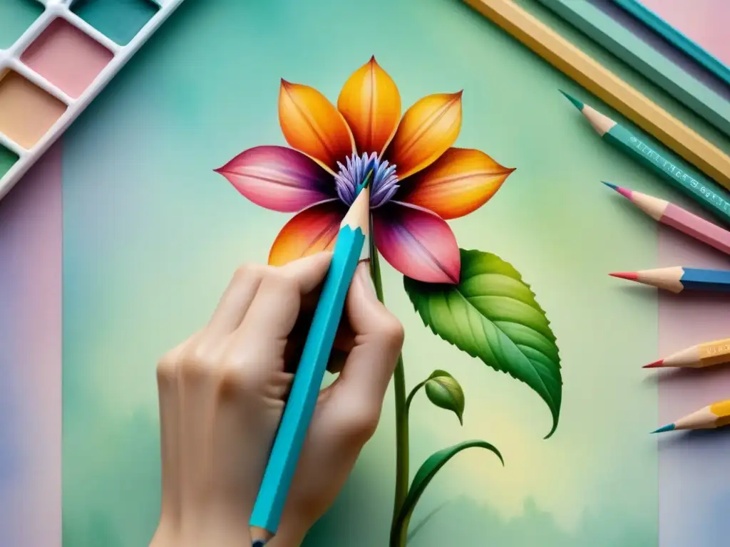Ilustración detallada en acuarela de una mano dibujando una flor, con trazos suaves y coloridos