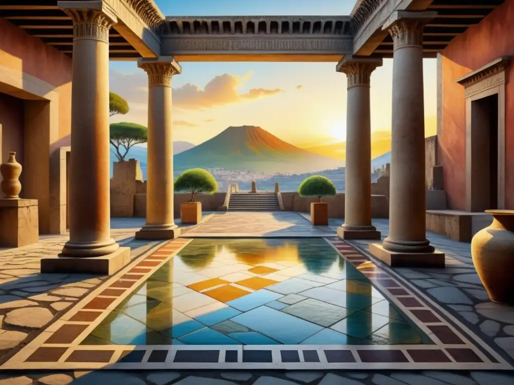 Detallada acuarela de Pompeya con mosaicos antiguos, escenas de la vida diaria y mitos, resaltando el arte y la historia romana
