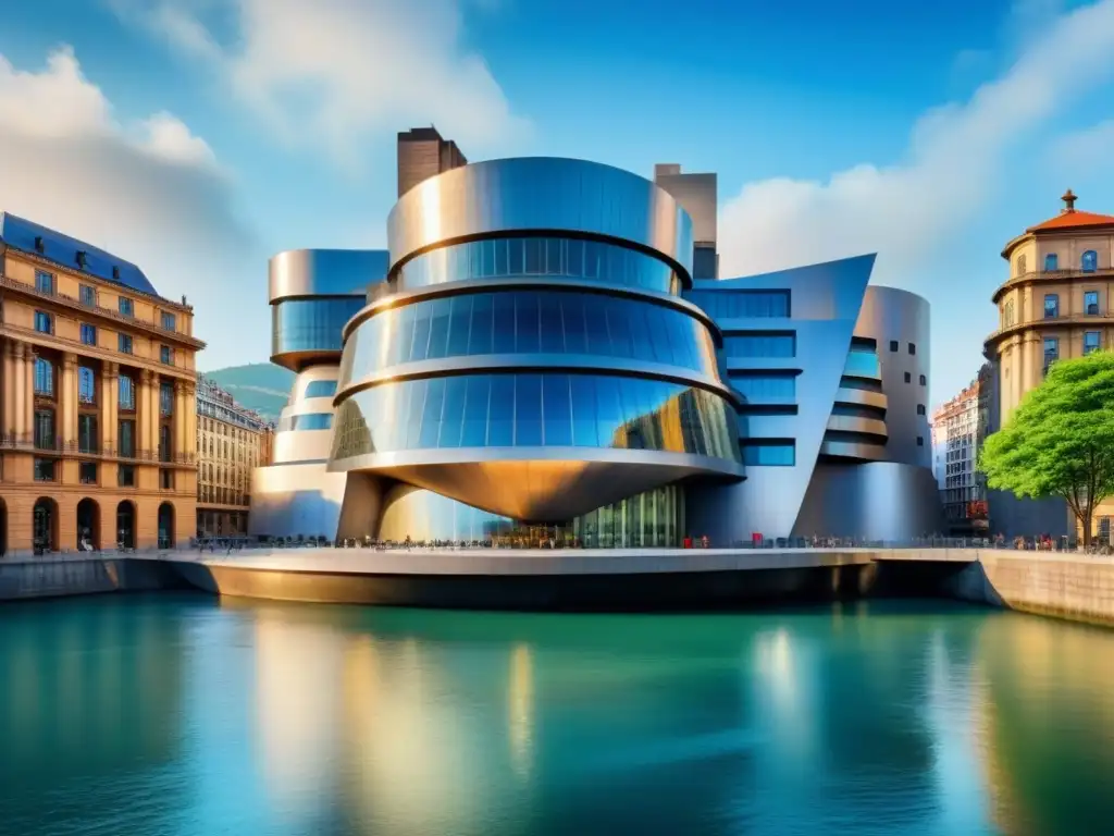 Detallada acuarela del Museo Guggenheim en Bilbao, reflejando su diseño icónico y la historia cultural del arte