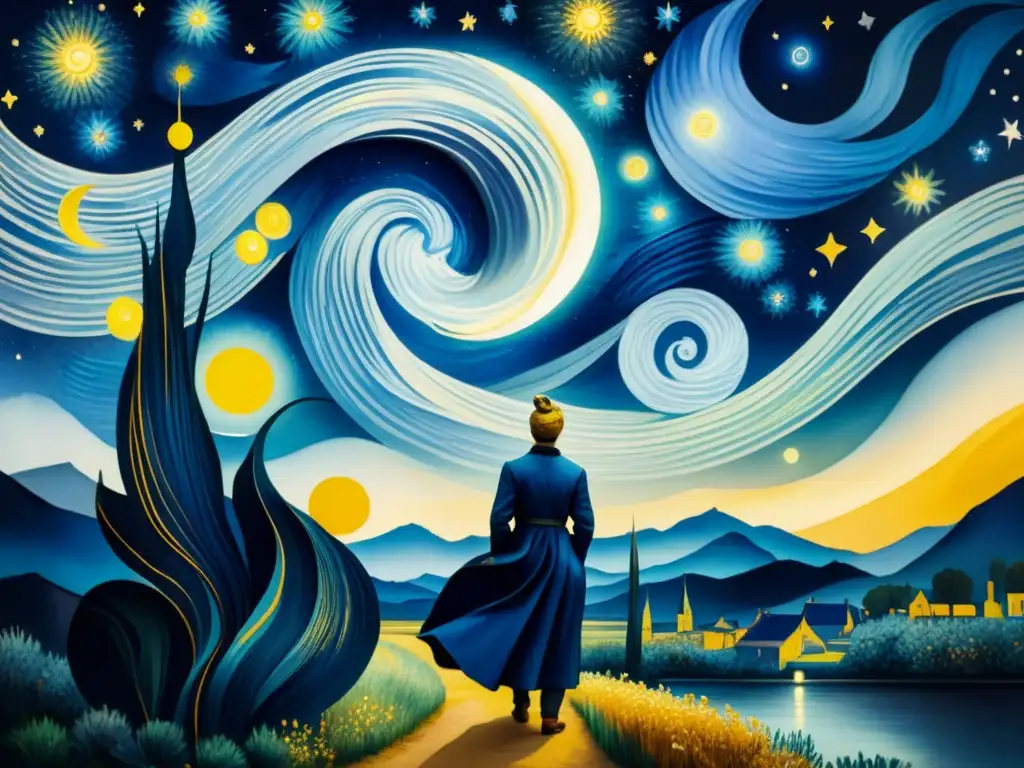 Una detallada acuarela de 'La noche estrellada' de Van Gogh, mostrando intensos colores y la pasión del color PostImpresionismo