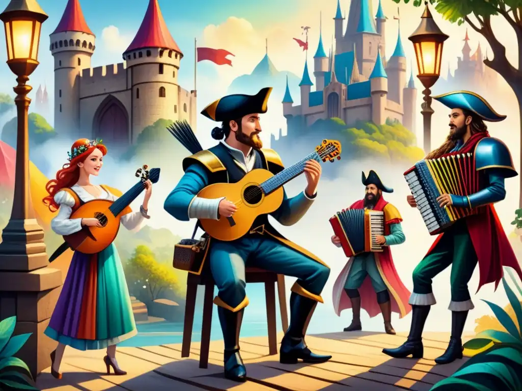Ilustración detallada en acuarela de personajes de distintas épocas y géneros tocando instrumentos, unidos en armonía
