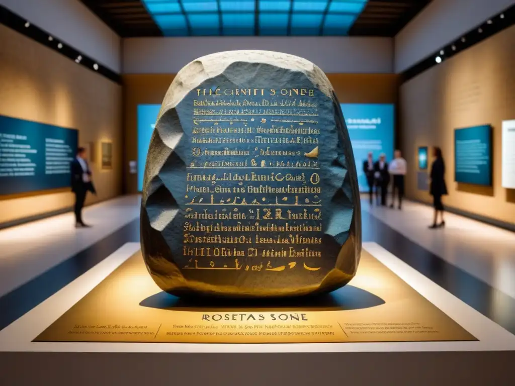 Detallada acuarela de la Piedra Rosetta en el British Museum, resaltando inscripciones antiguas