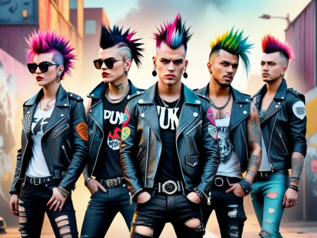 Ilustración detallada en acuarela de punk rockers rebeldes con mohawks coloridos y atuendos punk