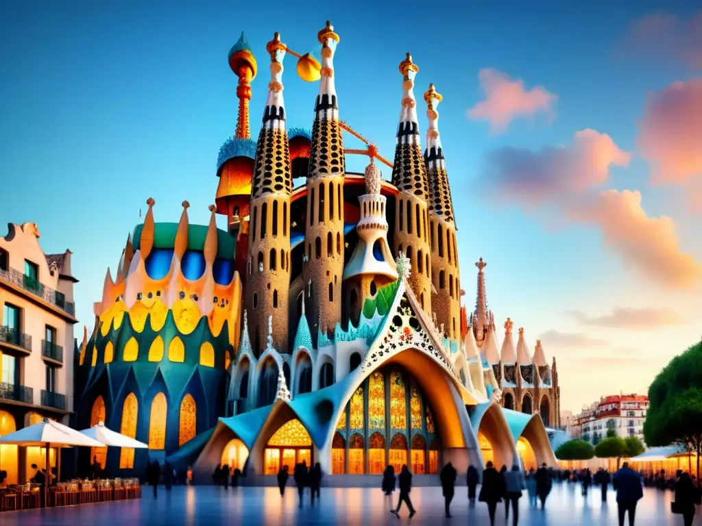 Detallada acuarela de Gaudí: Sagrada Familia y Casa Batlló en paleta vibrante, capturando Modernismo en París y Barcelona