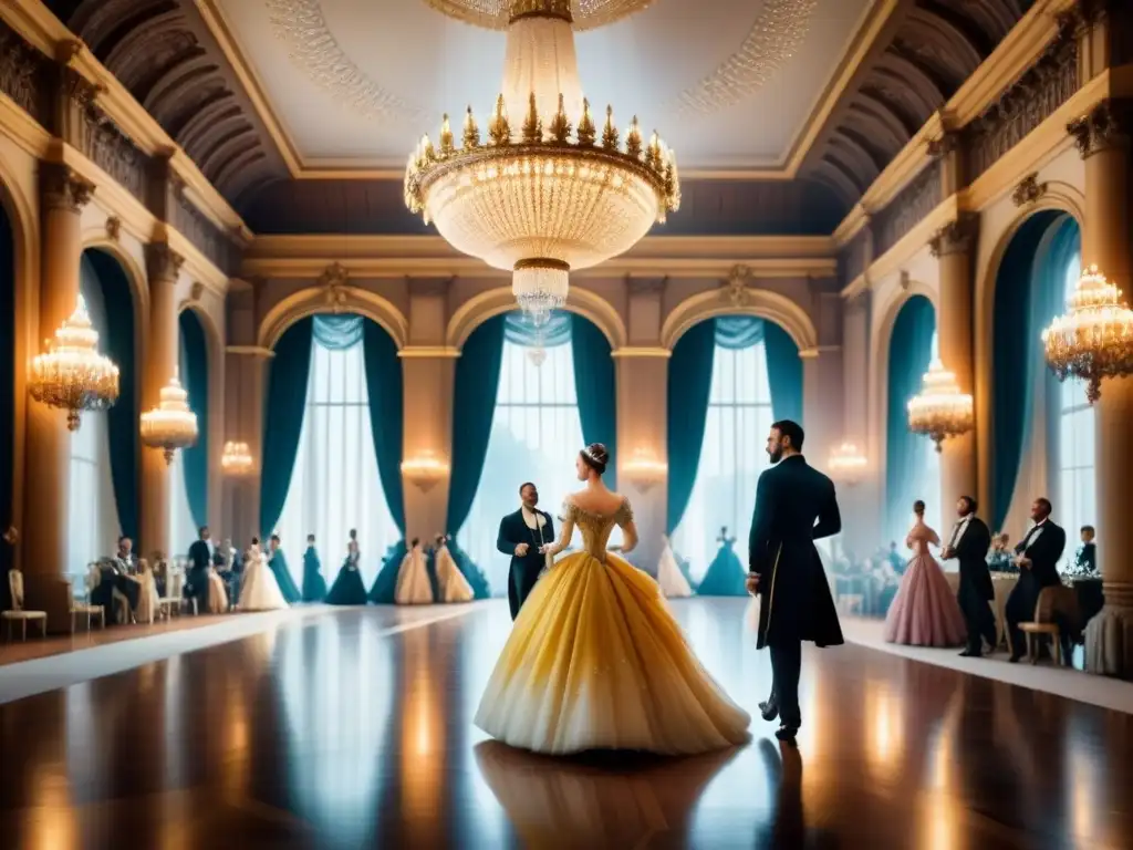 Una detallada acuarela que muestra un salón de baile de la era Romántica