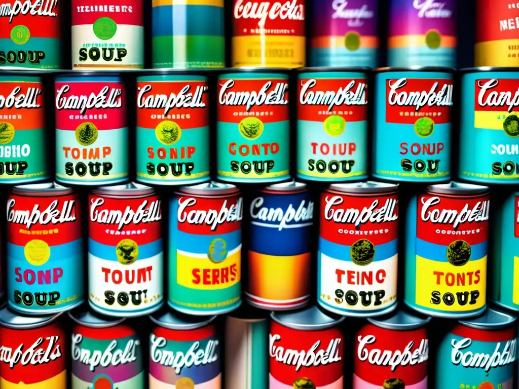 Una detallada acuarela de la icónica serie Campbell's Soup Cans de Andy Warhol, con colores vibrantes y pinceladas intrincadas que capturan la esencia del arte pop