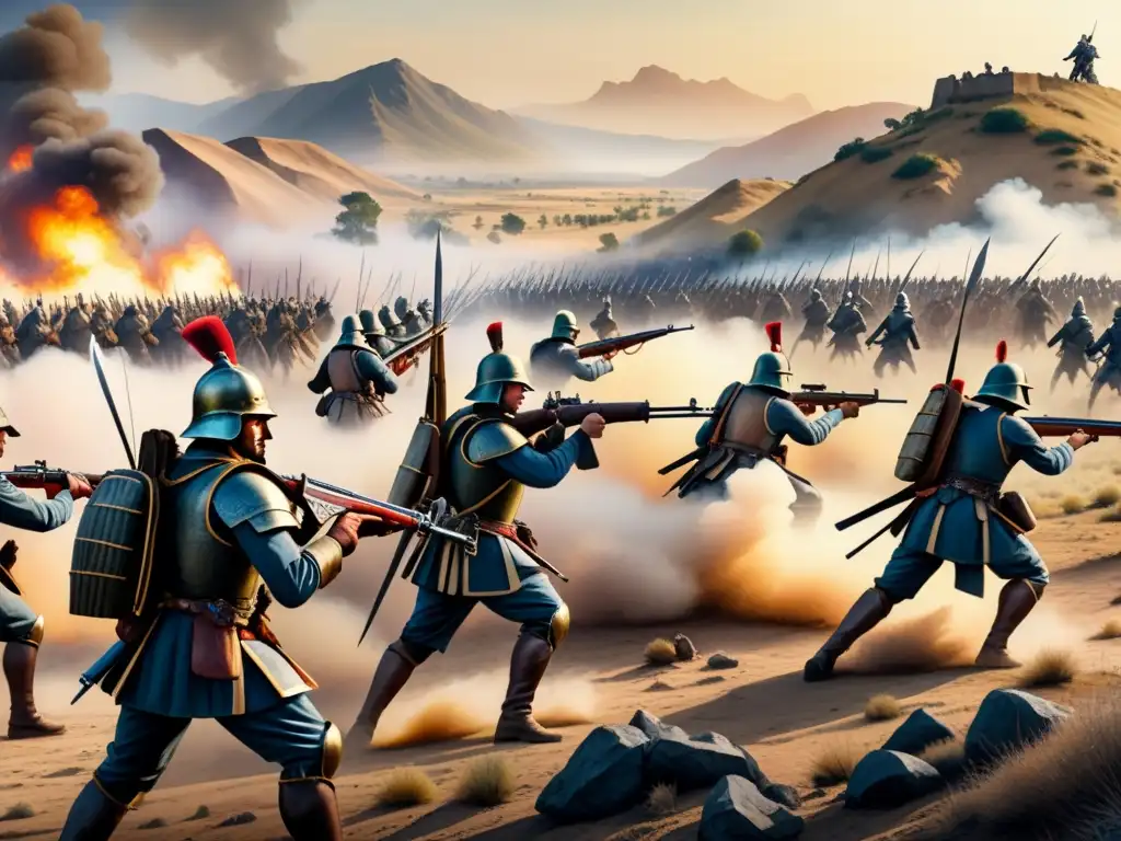 Detallada acuarela de evolución de técnicas representación conflicto en escena de batalla histórica con soldados y armas de distintas épocas