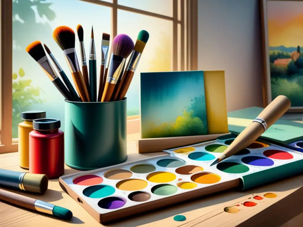 Obra de arte: bodegón postimpresionista en acuarela Una detallada acuarela de una vibrante paleta de colores postimpresionistas con tubos de pintura, pinceles y un cuaderno, destacando la rica paleta cromática característica de esta corriente artística