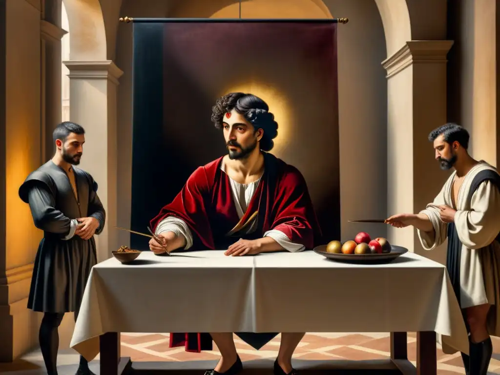 Una detallada acuarela de 'La vocación de San Mateo' de Caravaggio, con juego dramático de luces y sombras