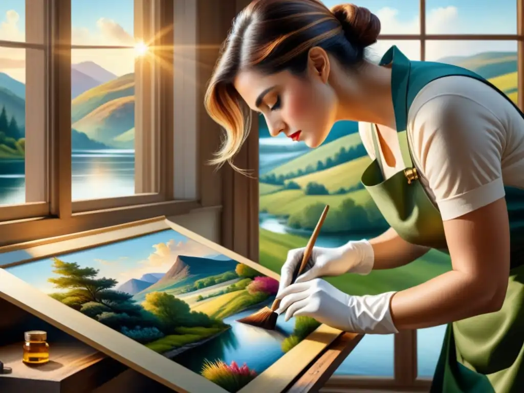 Detallada ilustración acuarela de un artista restaurando una pintura al óleo, limpiando con cuidado