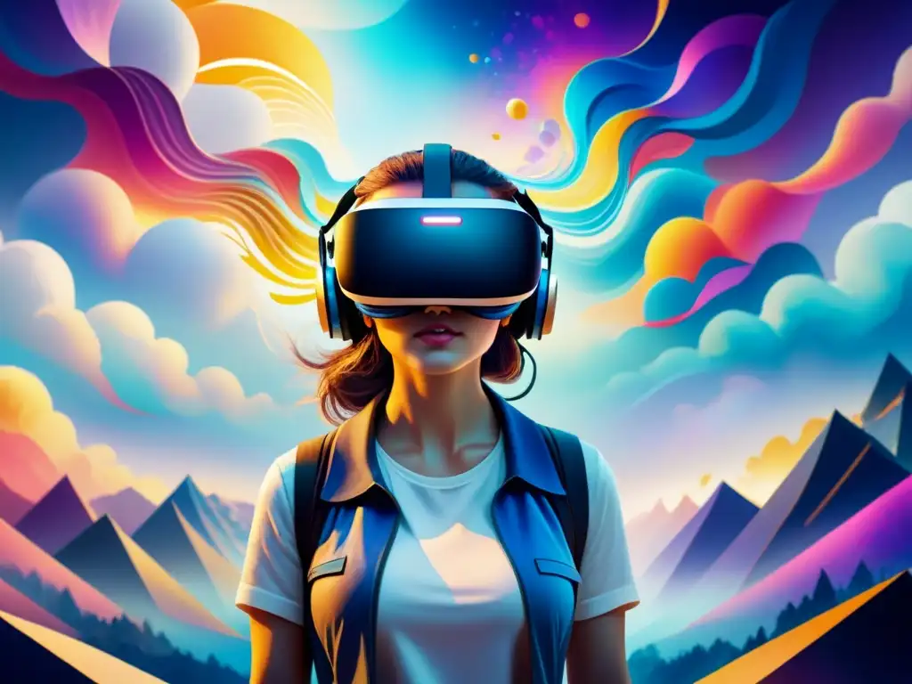 Ilustración acuarela detallada de un auricular de realidad virtual rodeado por colores vibrantes y formas abstractas, con destellos de luz que se mezclan en un paisaje surrealista de formas geométricas flotantes y texturas etéreas