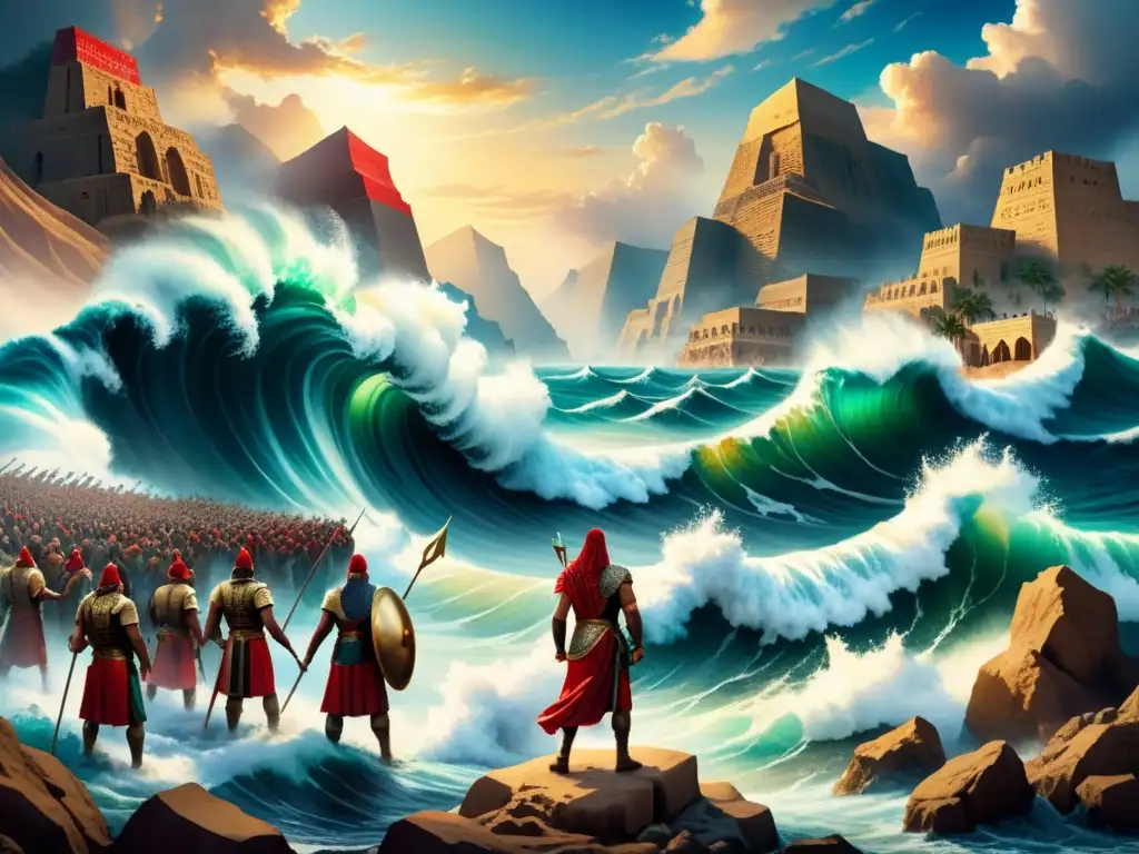 Ilustración acuarela detallada de la Biblia: Moisés parte el Mar Rojo con interpretaciones artísticas de la Biblia