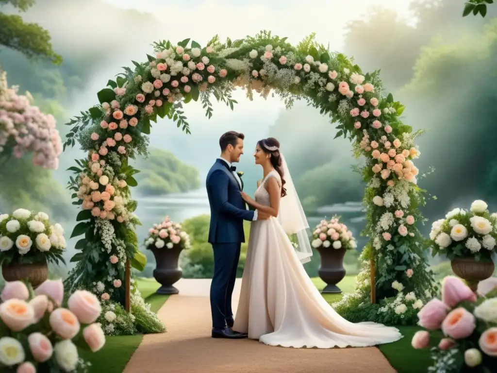 Detallada ilustración acuarela de una boda bajo un arco floral, capturando amor y emoción